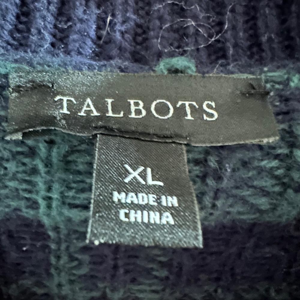 Talbots Black Watch Plaid Quarter Zip Sweater Green Navy XL Cotton Merino‎ Blend - Picture 3 of 6